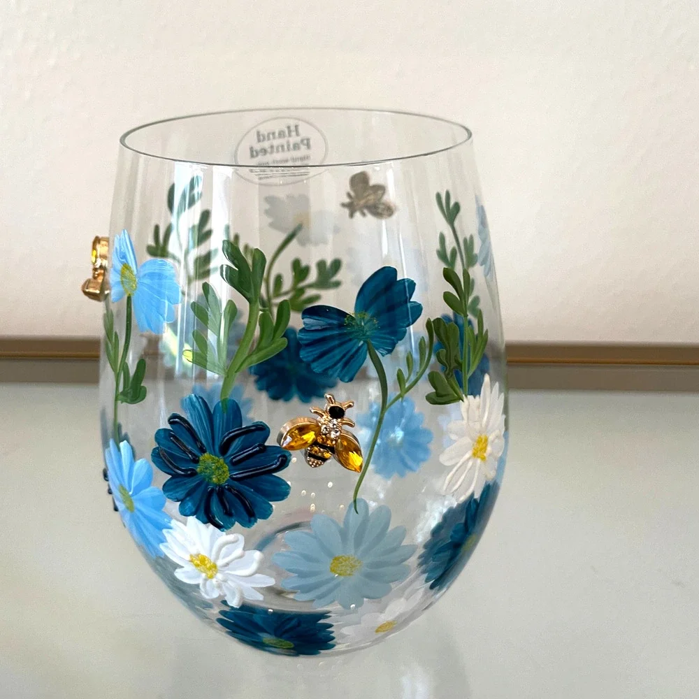 Hand Painted & Jeweled Stemless Wine Glass Blue Daisy Floral Bumblebee NEW